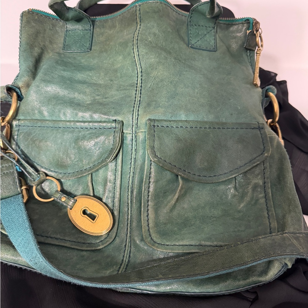 Fossil Long Live Vintage 1954 Explorer foldover crossbody in teal green leather